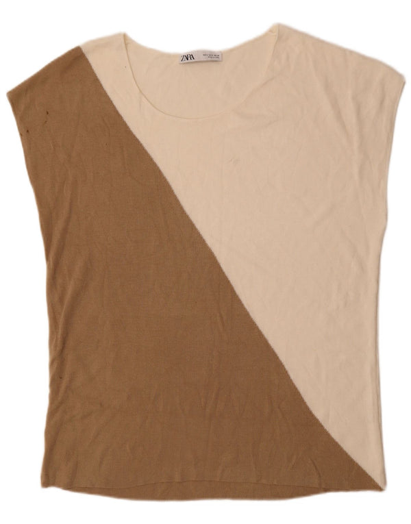 Zara Dame Oversized T-Shirt Top UK 10 Small Beige Colourblock
