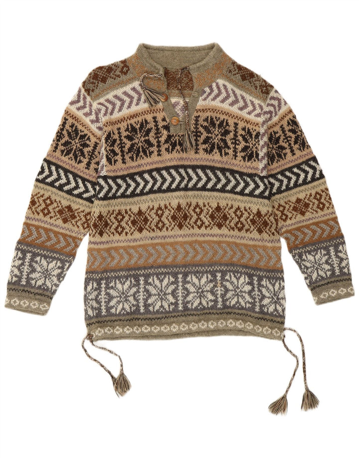 Vintage Dame Button Neck Jumper Sweater UK 14 Medium Green Aztec