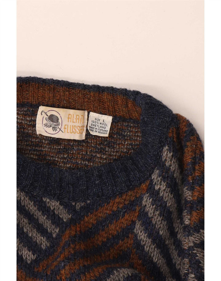 Vintage herre rund hals sweater stor flerfarvet Chevron uld