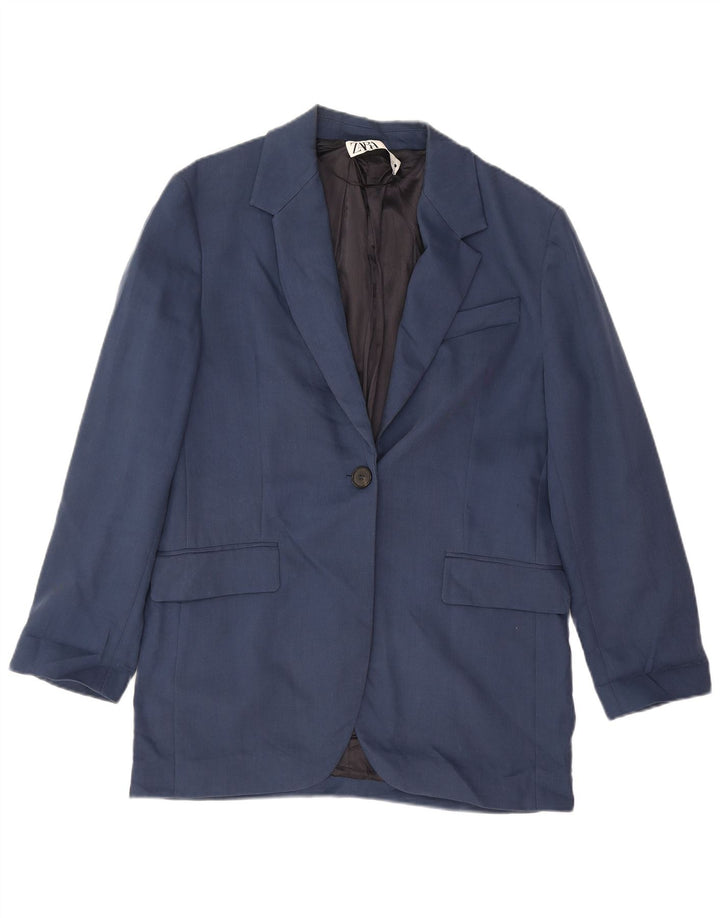 Zara Dame 1 Knap Blazer Jakke UK 14 Medium Navy Blue Bomuld