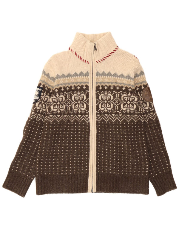 Napapijri Dame Cardigan Sweater UK 14 Medium Brown Fair Isle lammeuld