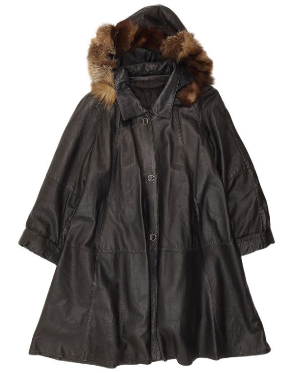 VINTAGE Dame Hætte Loose Fit Læderfrakke UK 14 Medium Sort Læder