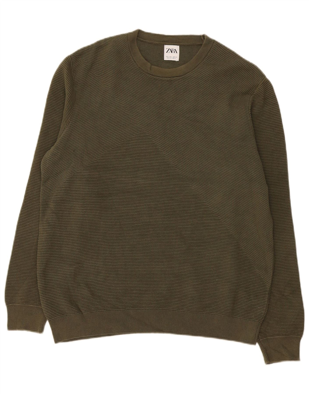 Zara Herre Crew Neck Jumper Sweater Stor Khaki Bomuld