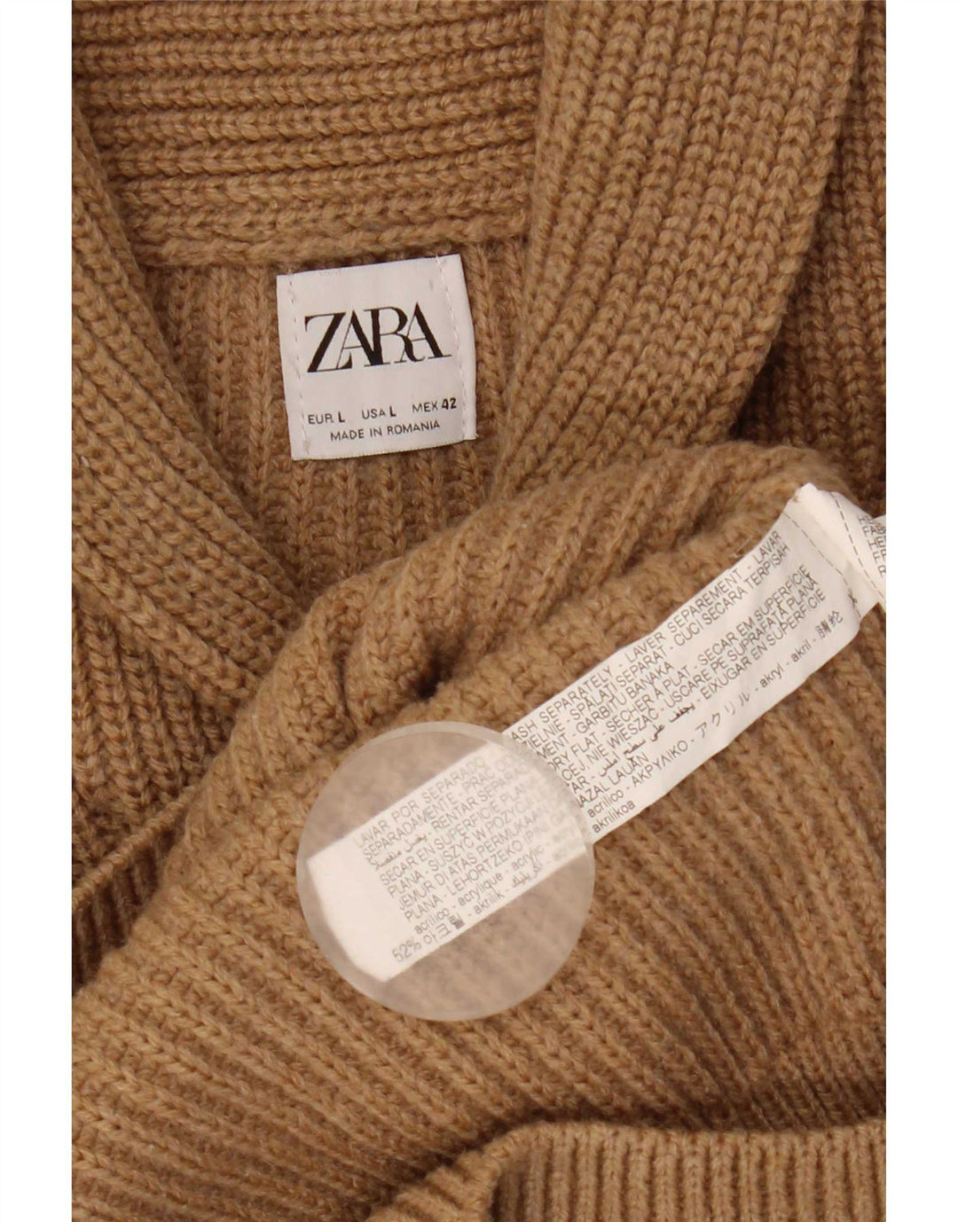 Zara Herre Shawl Neck Jumper Sweater Stor Beige Akryl