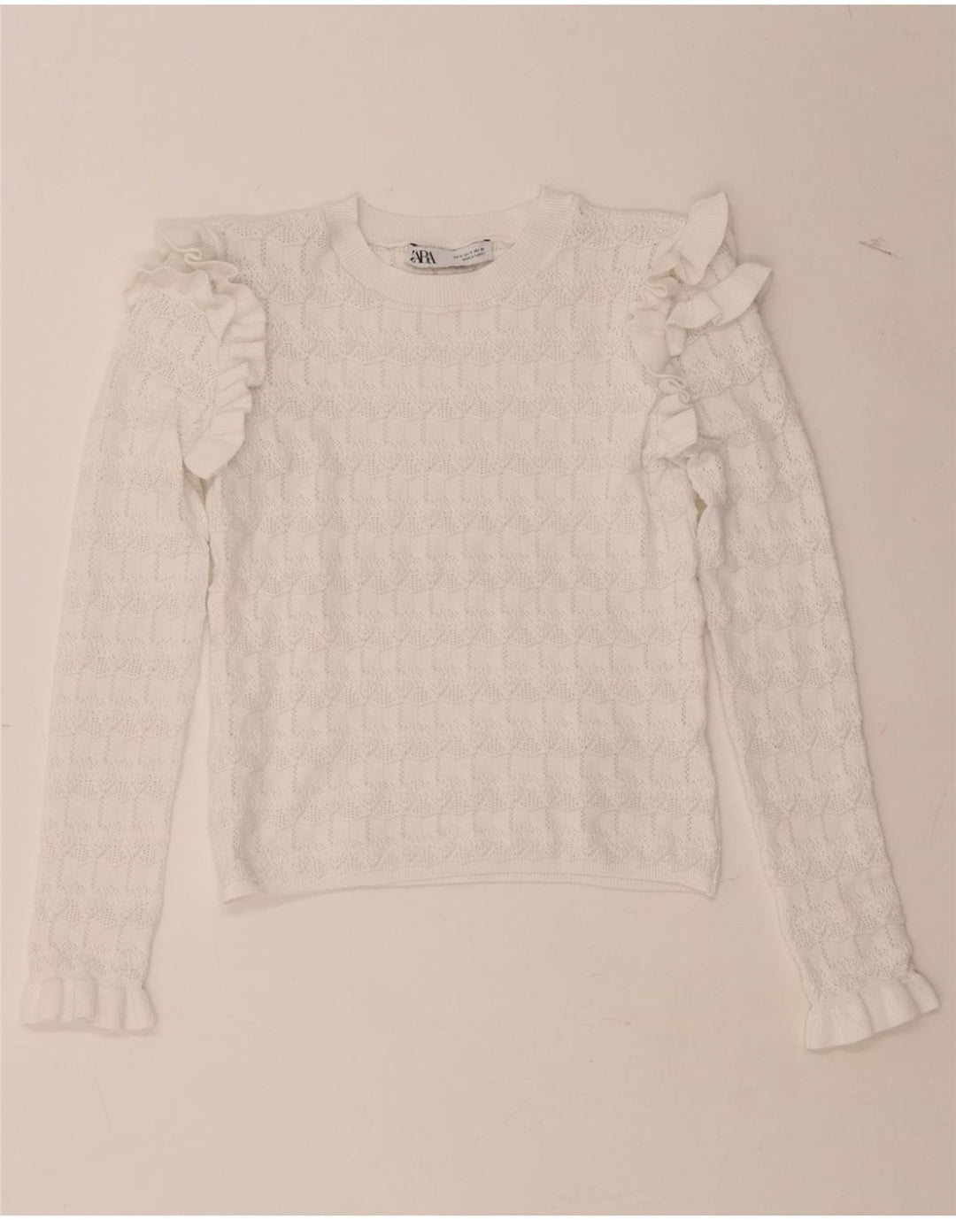 ZARA Womens Crop Ruffle Crew Neck Jumper Sweater UK 10 Small White Vintage Zara and Second-Hand Zara from Messina Hembry 
