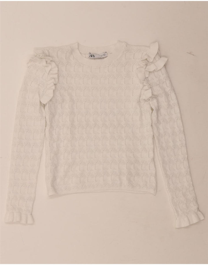 ZARA Womens Crop Ruffle Crew Neck Jumper Sweater UK 10 Small White Vintage Zara and Second-Hand Zara from Messina Hembry 