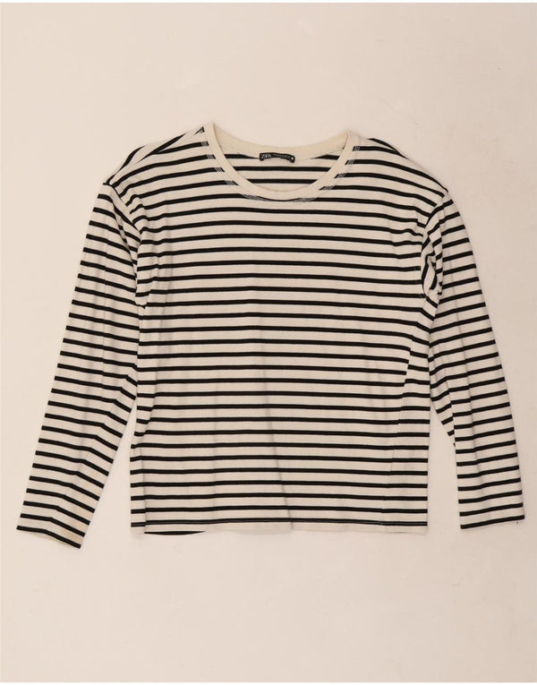 Zara Dame Top Langærmet UK 10 Small White Nålestribet Bomuld
