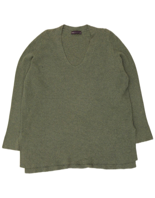 Marks & Spencer Dame V-hals sweater UK 16 Stor Khaki Polyester