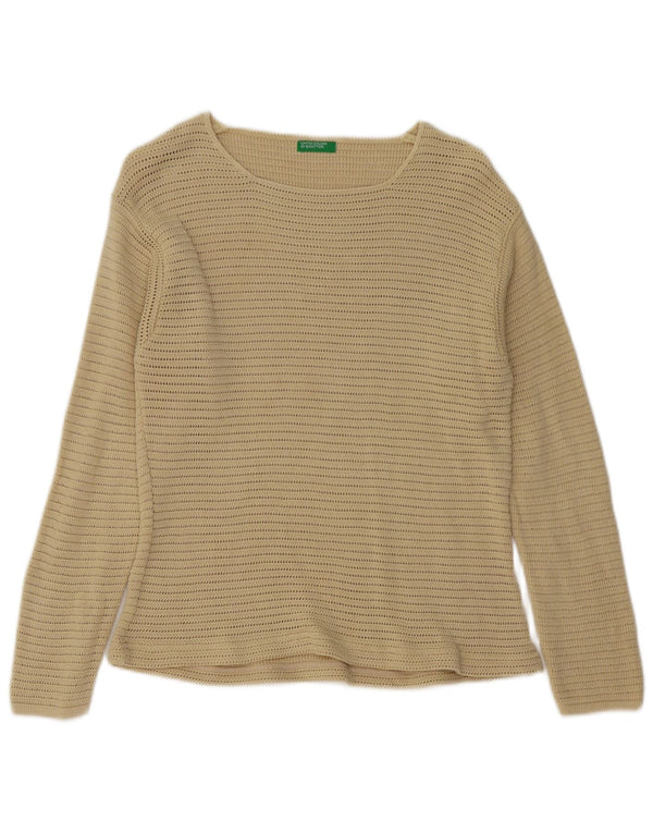 BENETTON Dame hæklet bådhals sweater UK 12 Medium Beige Bomuld