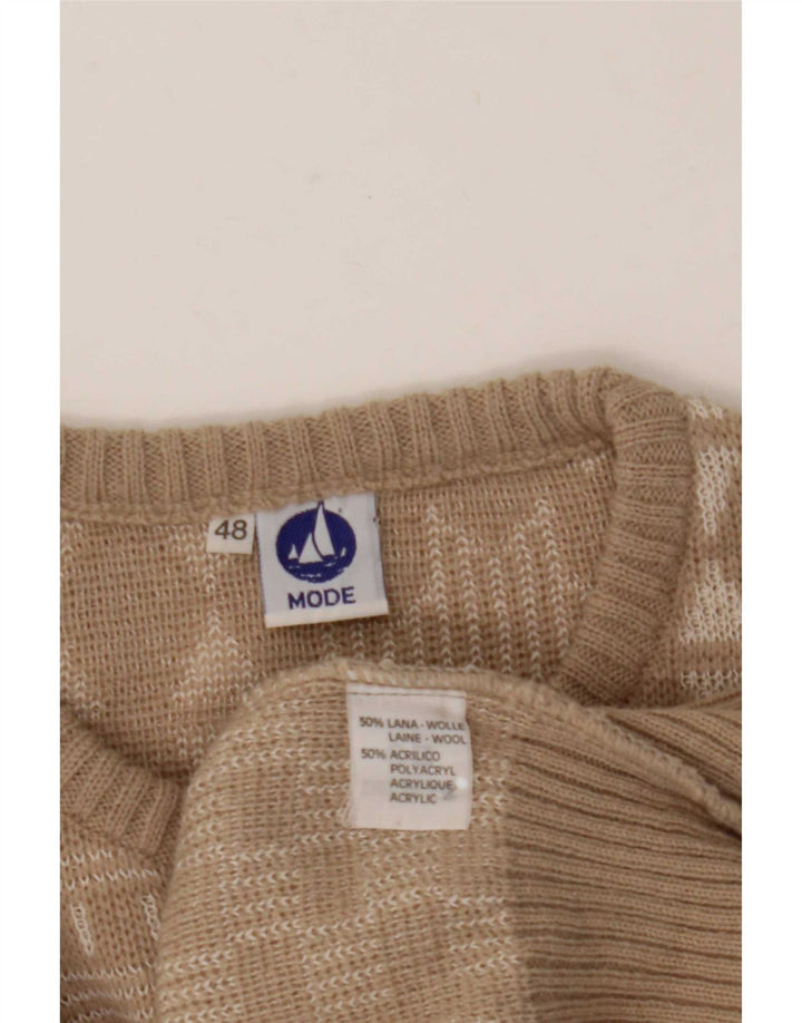 Vintage Herre Crew Neck Jumper Sweater IT 48 Medium Beige Patchwork Uld