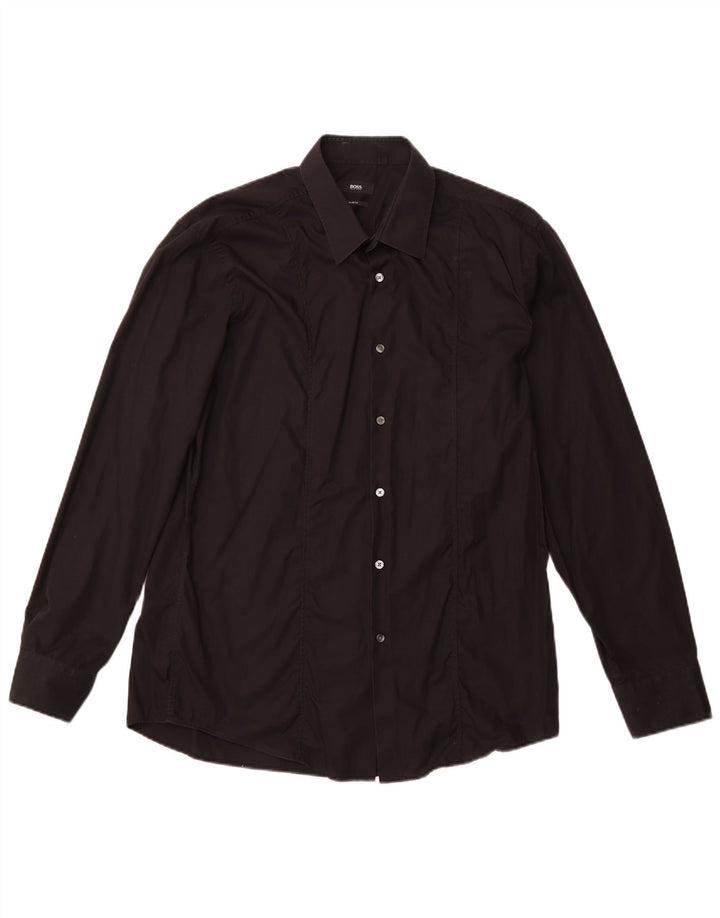 HUGO BOSS Herre Slim Fit Skjorte Størrelse 44 17 1/2 XL Sort Bomuld