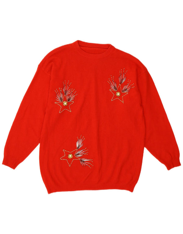 Vintage kvinders abstrakt mønster rund hals sweater UK 14 medium rød