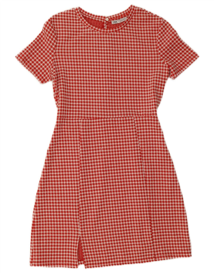 Zara Dame A-Line Kjole UK 12 Medium Rød Gingham Polyester