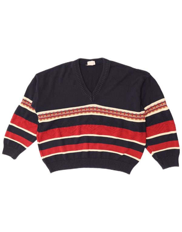 Vintage herre V-hals sweater IT 52 Stor marineblå stribet akryl