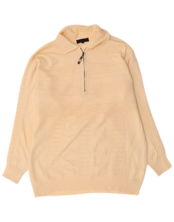 Vintage Herre Polo Neck Jumper Sweater IT 50 Medium Beige Pinstripe