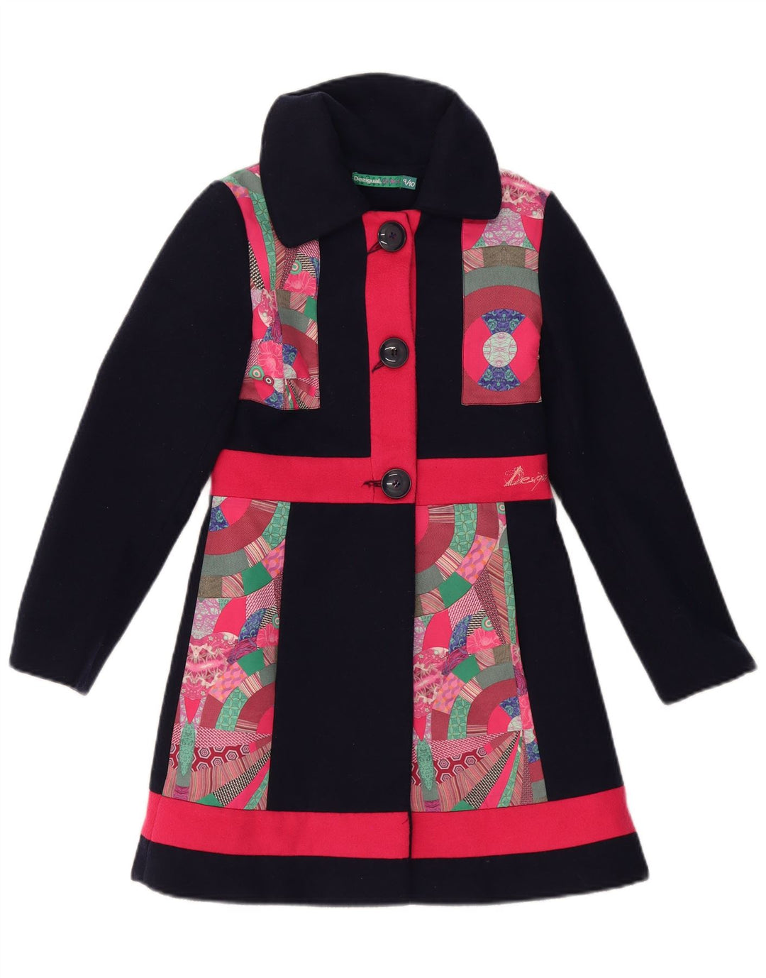 DESIGUAL Girls Graphic Overcoat 9-10 Years Navy Blue Patchwork Polyester