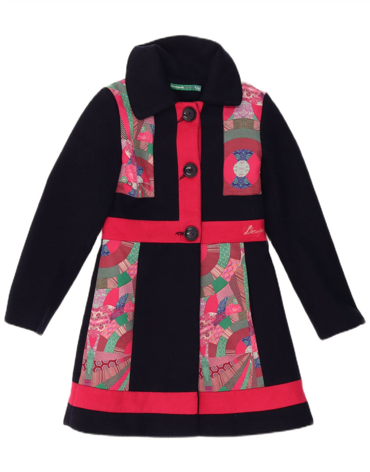 DESIGUAL Girls Graphic Overcoat 9-10 Years Navy Blue Patchwork Polyester