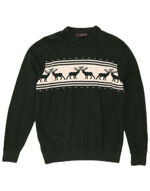 Marks & Spencer Herretrøjetrøje med rund hals Medium Green Fair Isle Bomuld