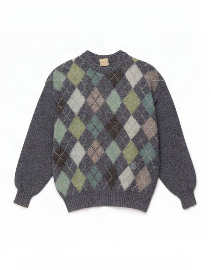Trussardi Herre Crew Neck Jumper Sweater Medium Blue Argyle/Diamond Wool