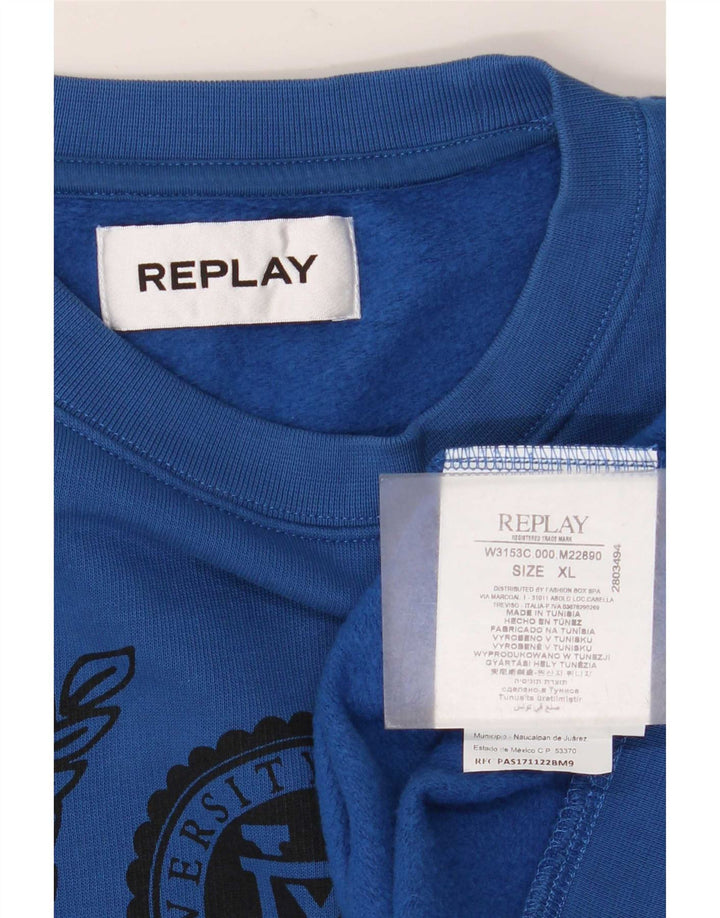 Replay Herre Grafisk Sweatshirt Jumper XL Blå Bomuld