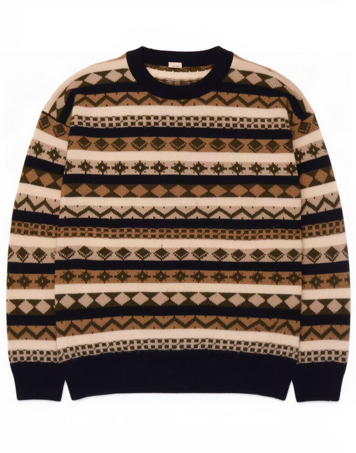 Vintage Herre Boat Neck Jumper Sweater Medium Flerfarvet Geometrisk