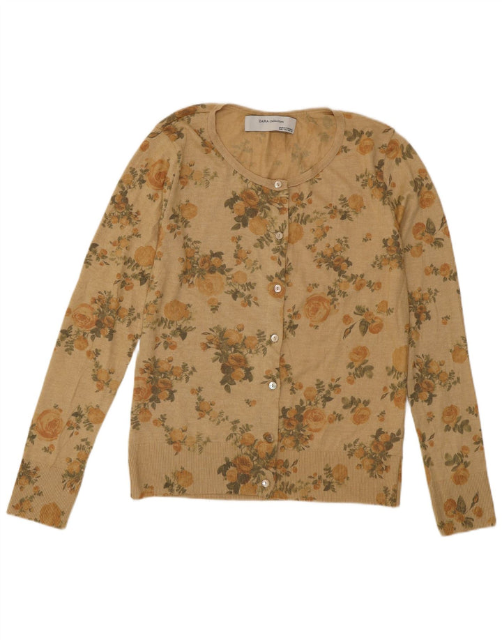 Zara Dame Cardigan Sweater UK 14 Large Beige Floral Polyester