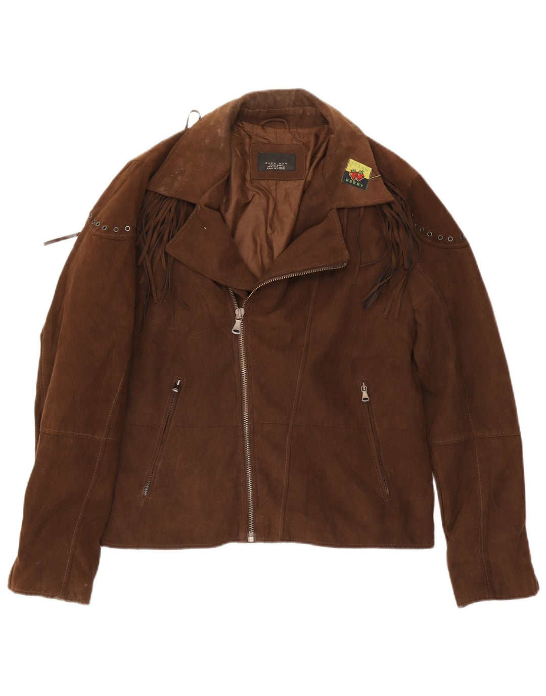 Zara Herre Faux Ruskind Biker Jacket UK 42 XL Brun Polyester