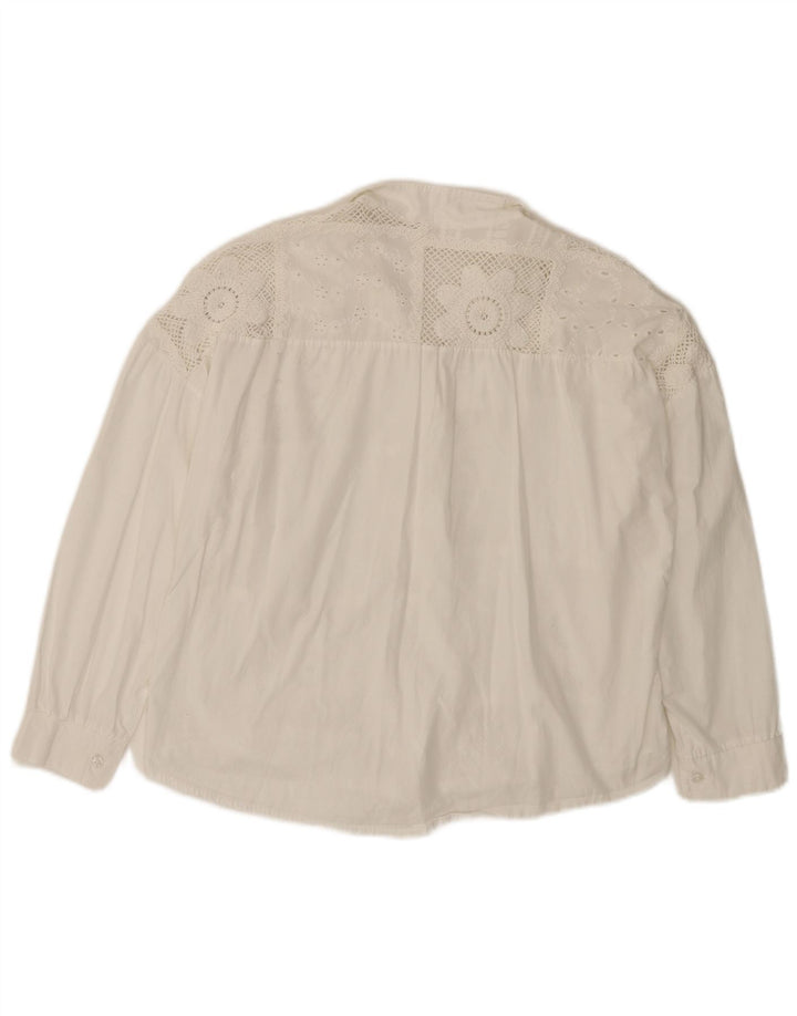 VINTAGE skjortebluse med 3/4 ærmer til kvinder UK 14 Medium hvid blomstret bomuld