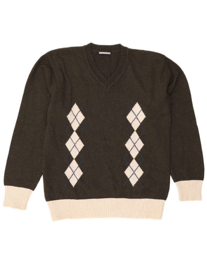 Vintage Herre V-hals sweater Stor Khaki Argyle/Diamond Wool