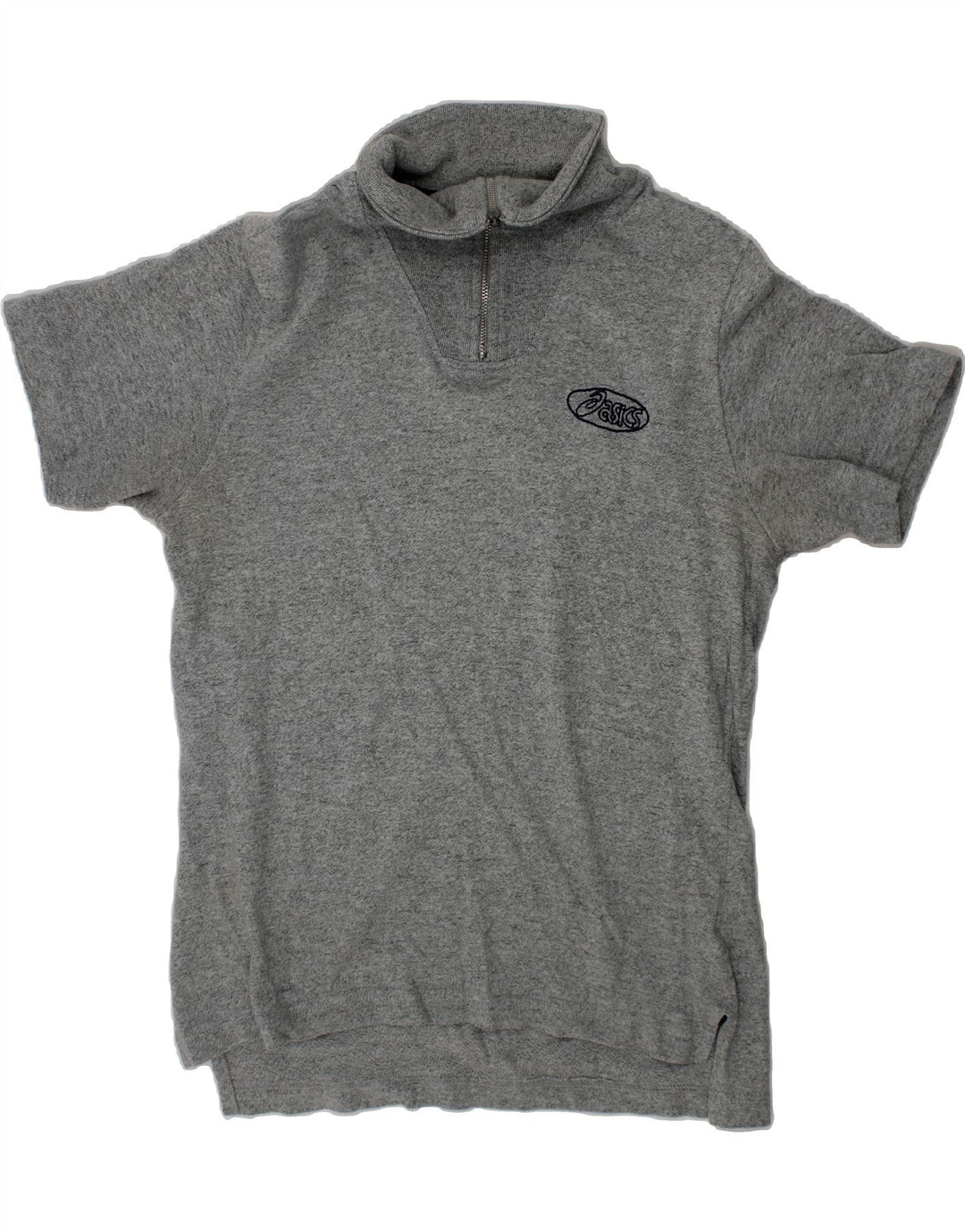 ASICS Womens Short Sleeve Zip Neck Jumper Sweater UK 12 Medium Grey Cotton Vintage Asics and Second-Hand Asics from Messina Hembry 