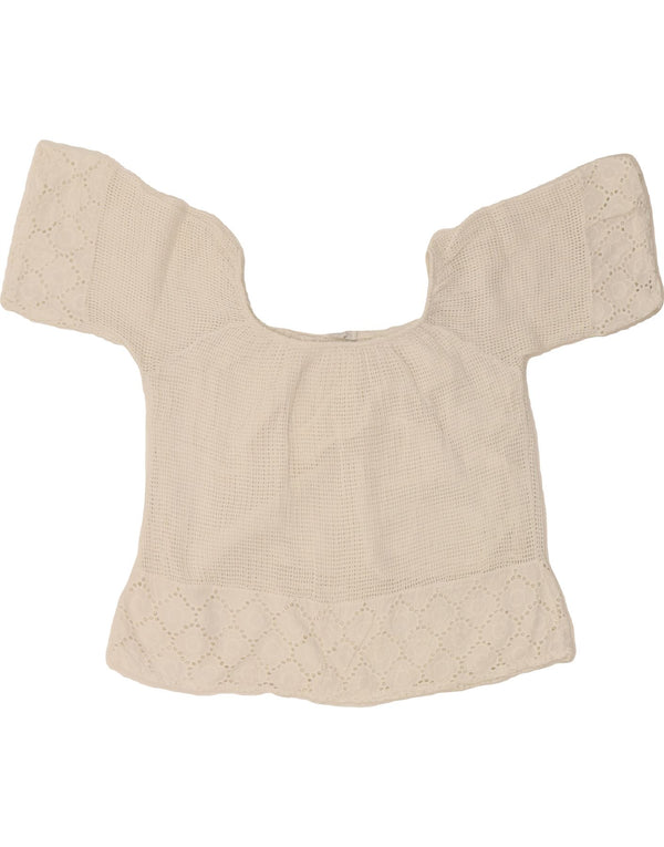 VINTAGE Womens Crop Crochet Blouse Top UK 12 Medium White
