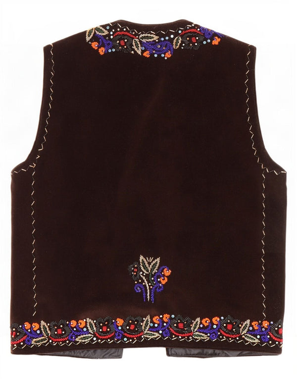Vintage Dame Velvet ÅBEN vest UK 14 Large Brown Floral