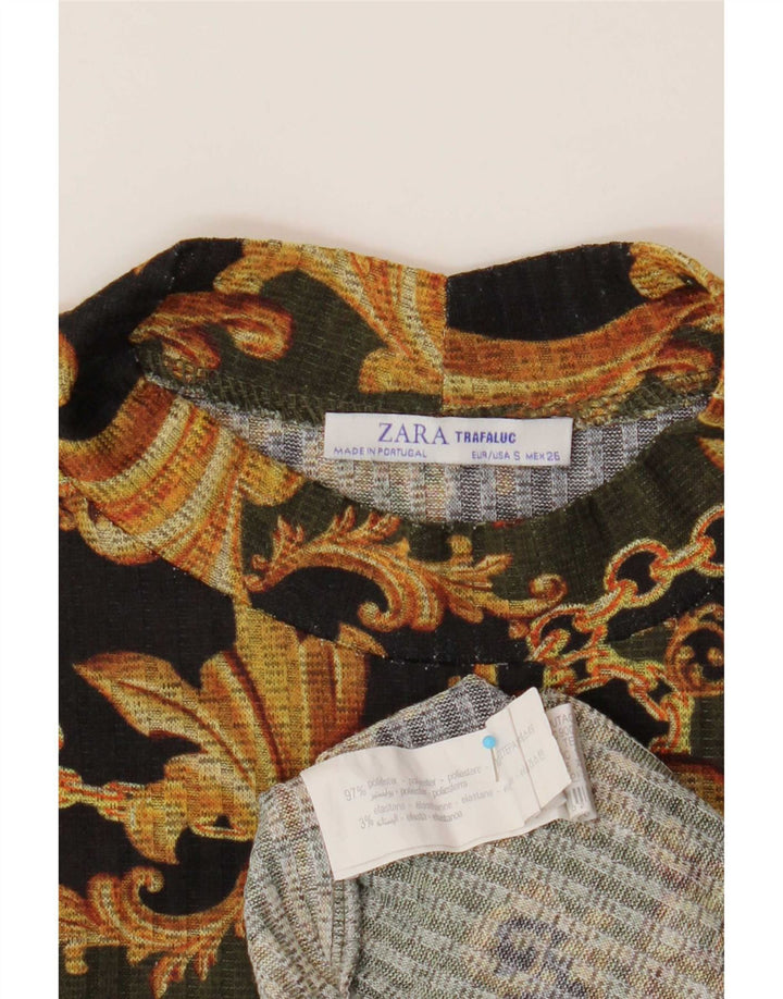 Zara Womens Crop Top Langærmet UK 10 Small Black Paisley Polyester