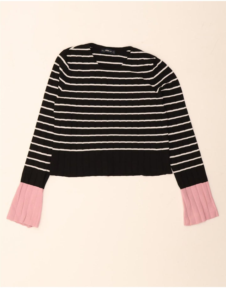 Zara Womens Crop Top Langærmet UK 10 Lille sortstribet polyamid