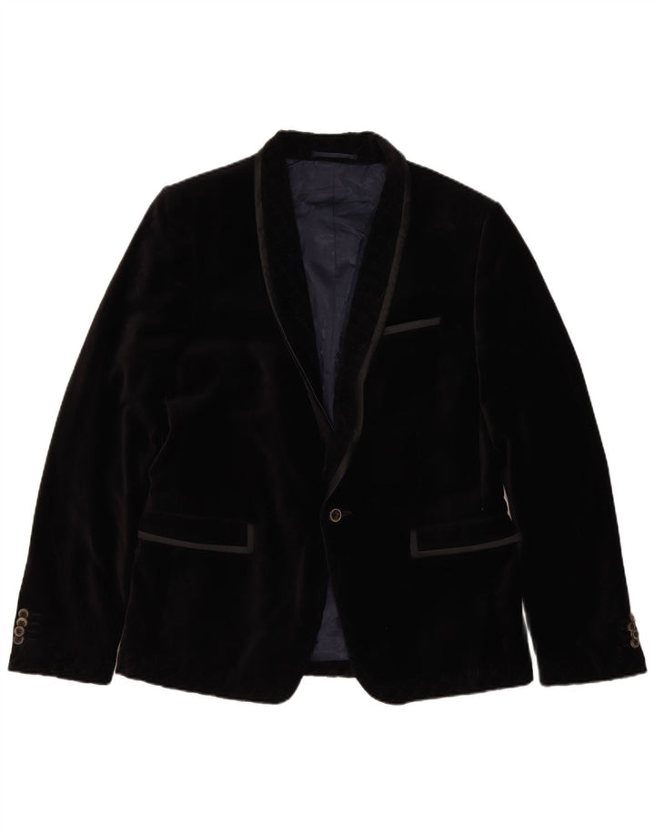 Zara Herre 1 Knap Velvet Blazer Jacket EU 50 Medium Sort Bomuld