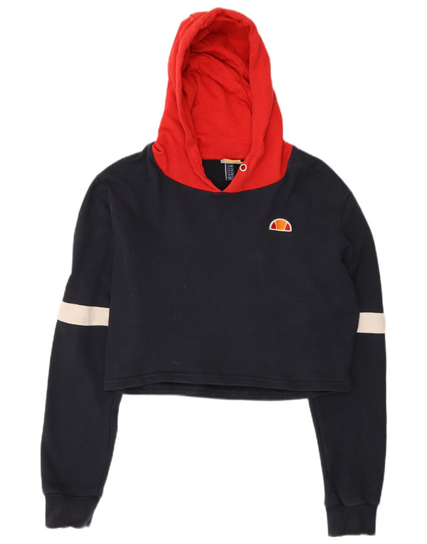 Ellesse Dame Crop Hoodie Jumper UK 14 Medium Navy Blue Colourblock