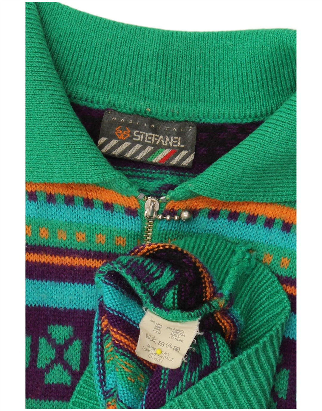 STEFANEL Damestrik langærmet polokjole UK 14 Medium Grøn Geometrisk