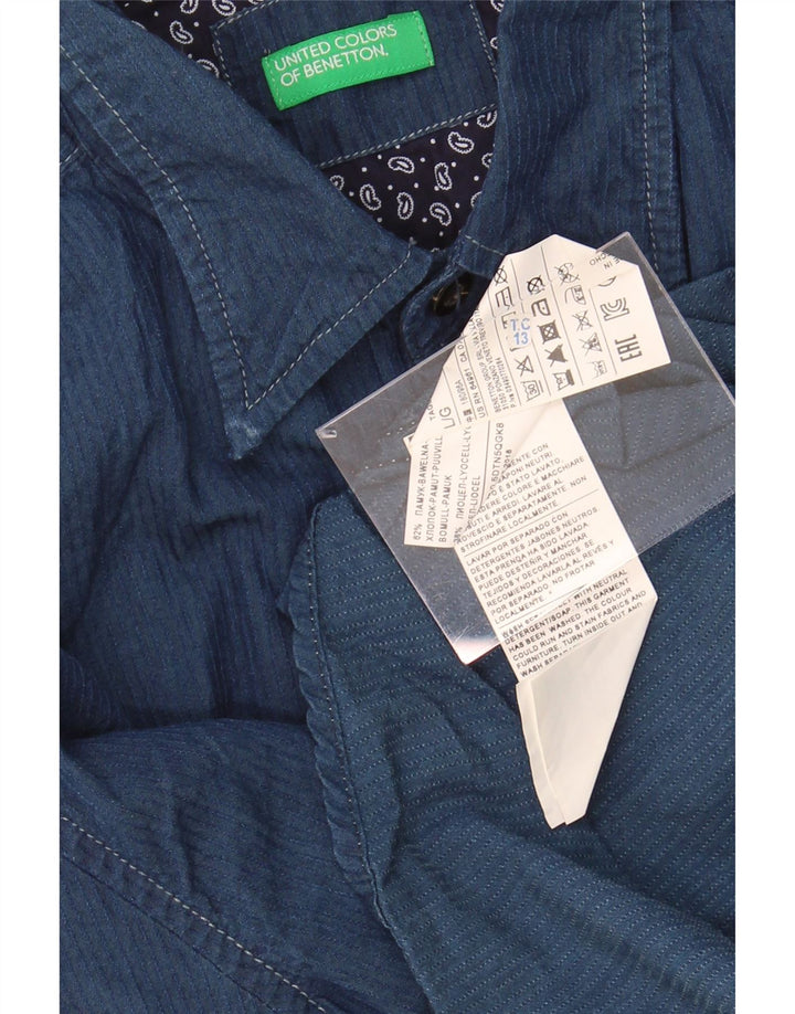 BENETTON Mens Shirt Large Navy Blue Pinstripe Cotton
