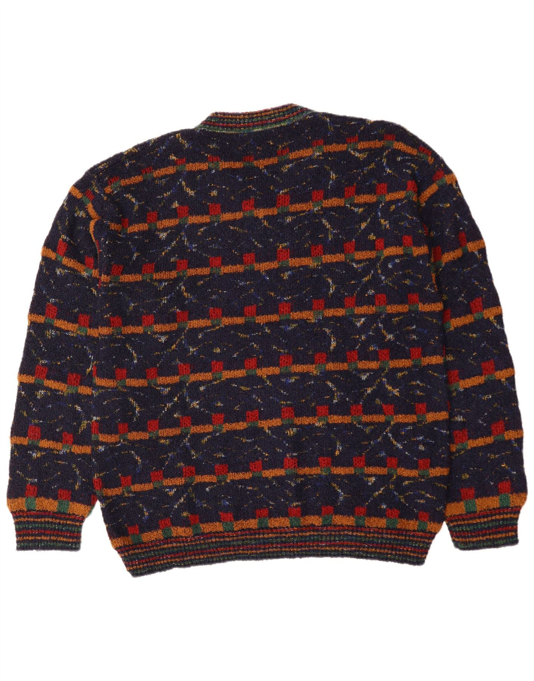 VINTAGE Herre V-hals sweater XL marineblå geometrisk uld