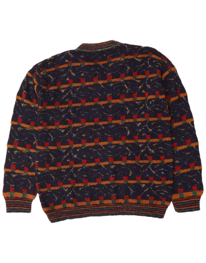 VINTAGE Herre V-hals sweater XL marineblå geometrisk uld