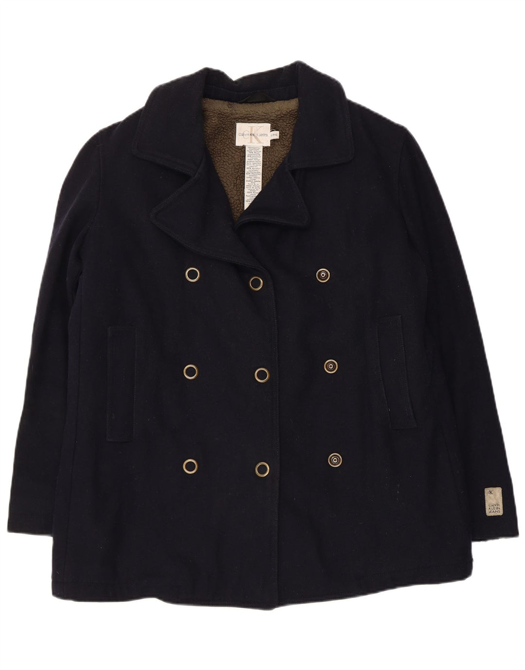 CALVIN KLEIN JEANS Womens Sherpa Oversized Pea Coat UK 10 Small Navy Blue