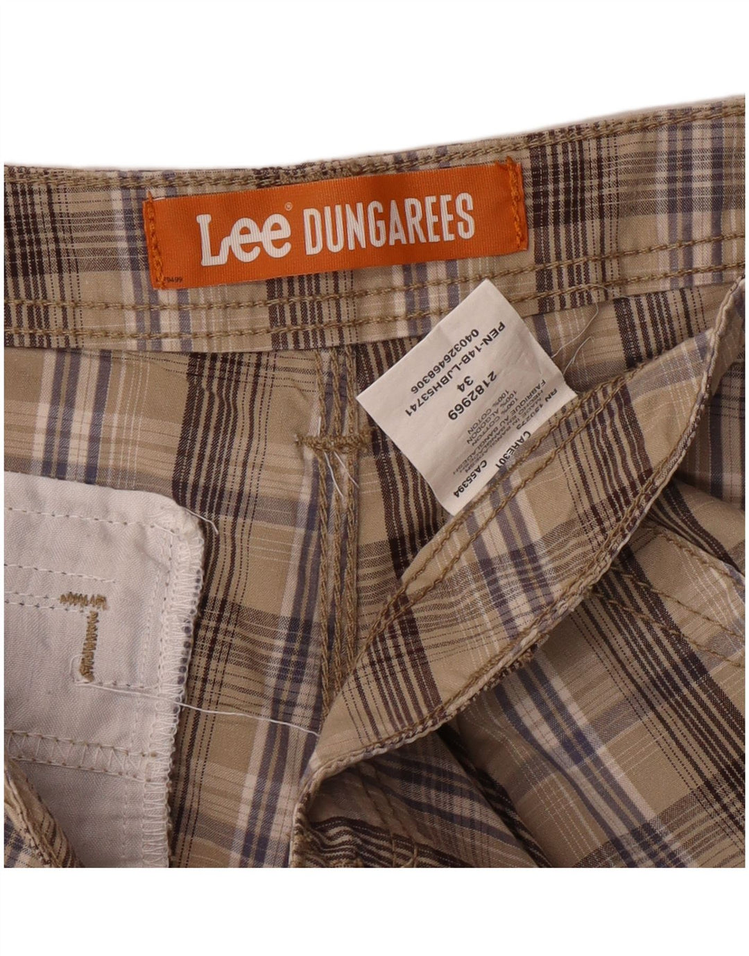 LEE Dungarees til mænd Cargo Shorts W34 Stor beige ternet bomuld