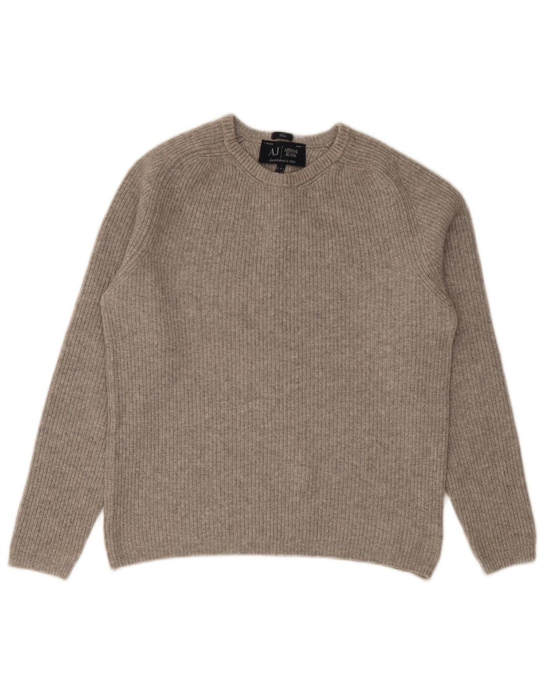 Armani Herre Slim Fit Jumper Sweater med rund hals Stor grå bomuld