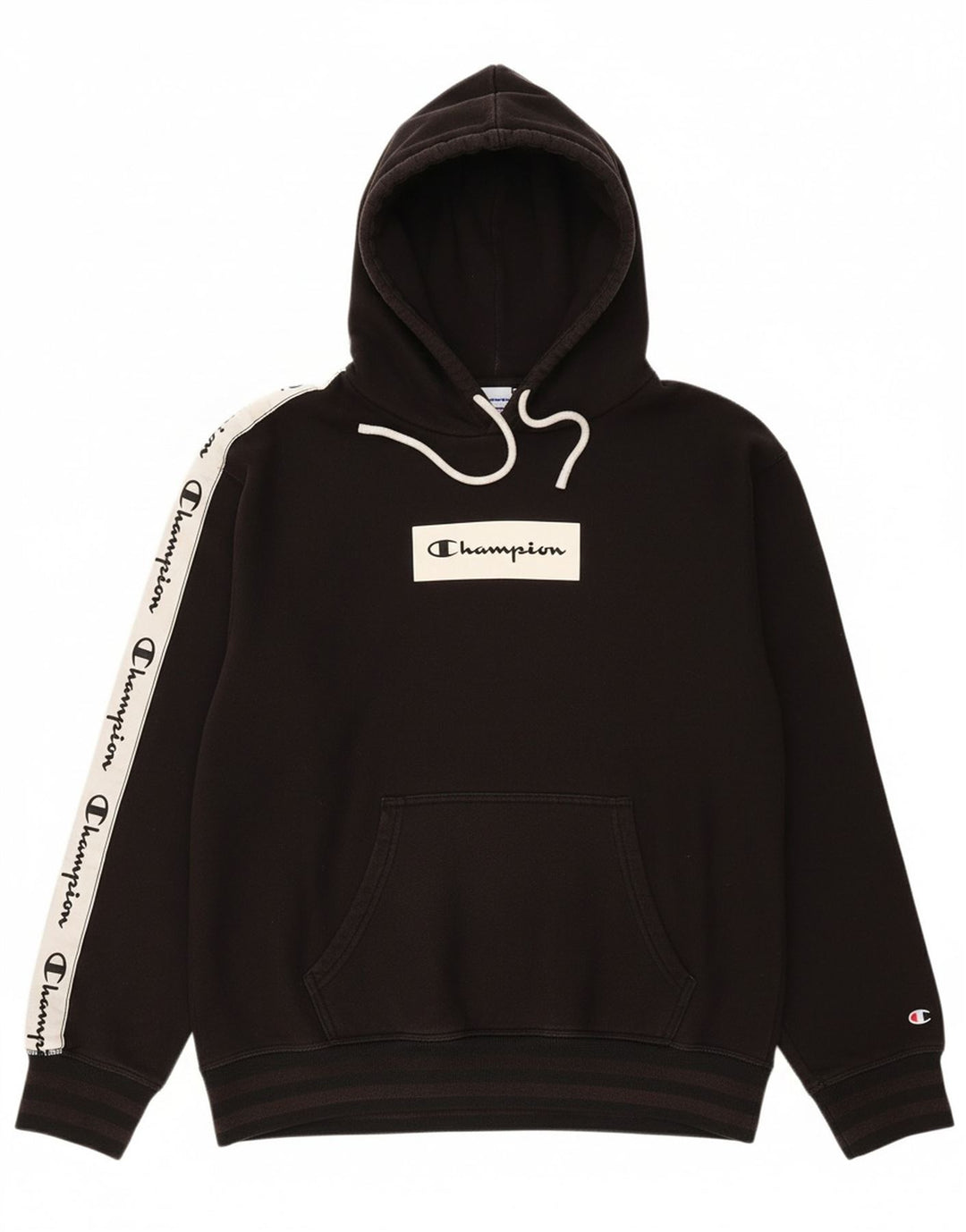CHAMPION Mens Graphic Hoodie Jumper Medium Black Colourblock Cotton