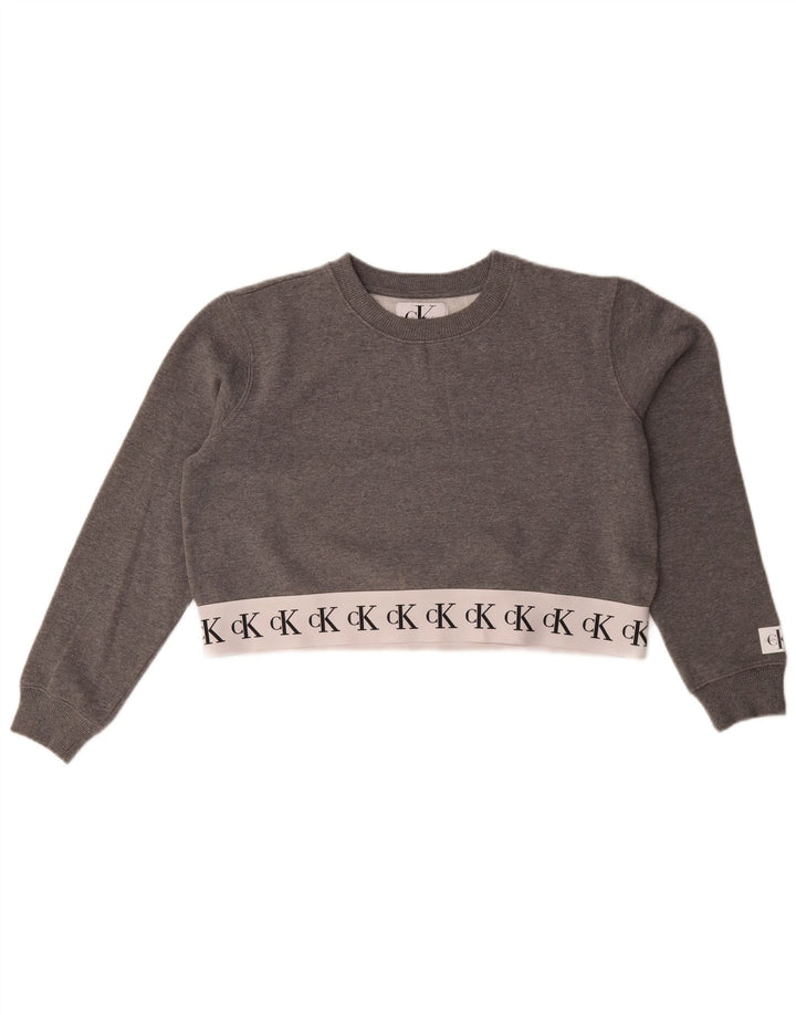 Calvin Klein Jeans Dame Crop Sweatshirt Jumper UK 14 Medium Grey