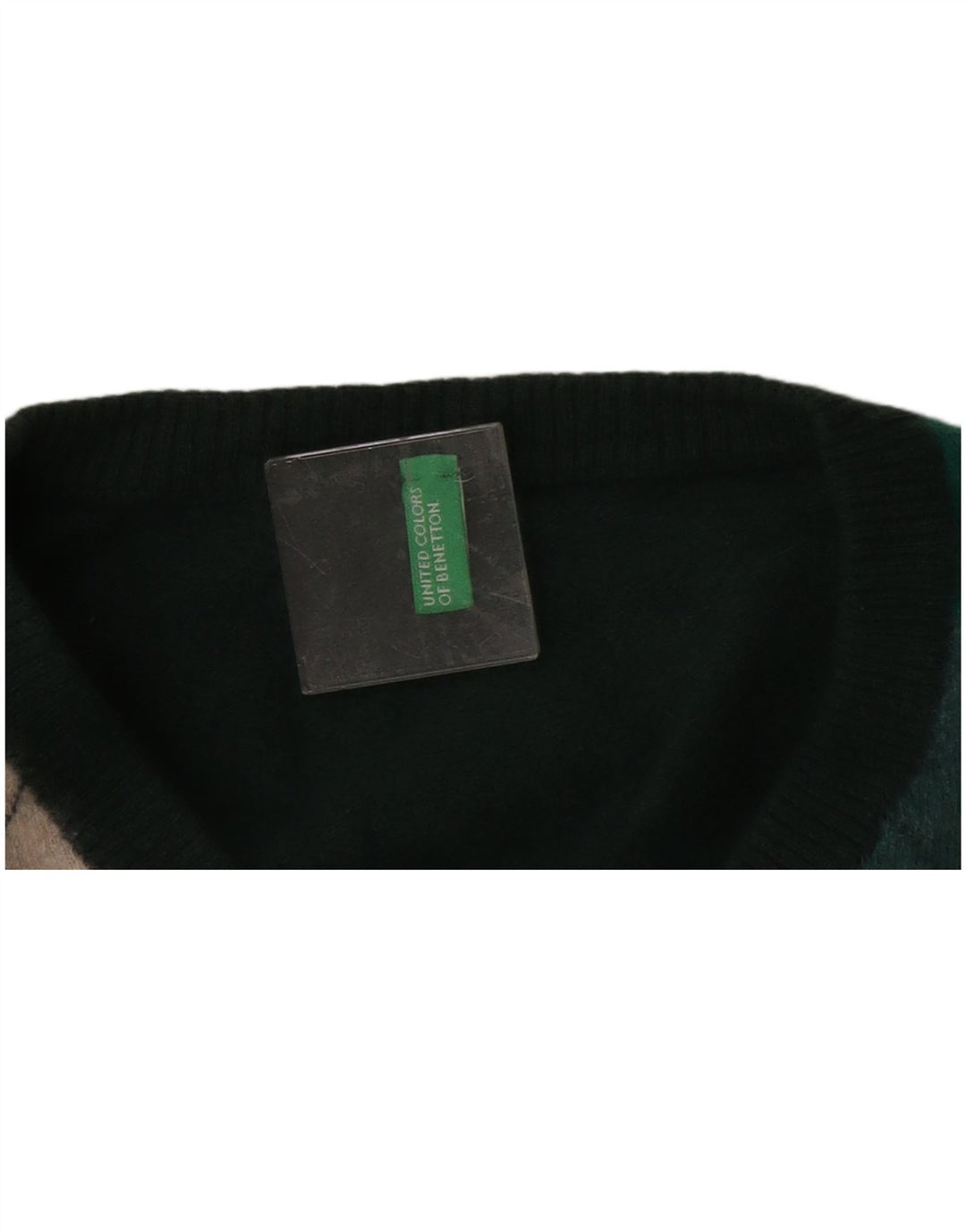 Benetton Dame V-hals sweater UK 14 Medium Green Argyle/Diamond