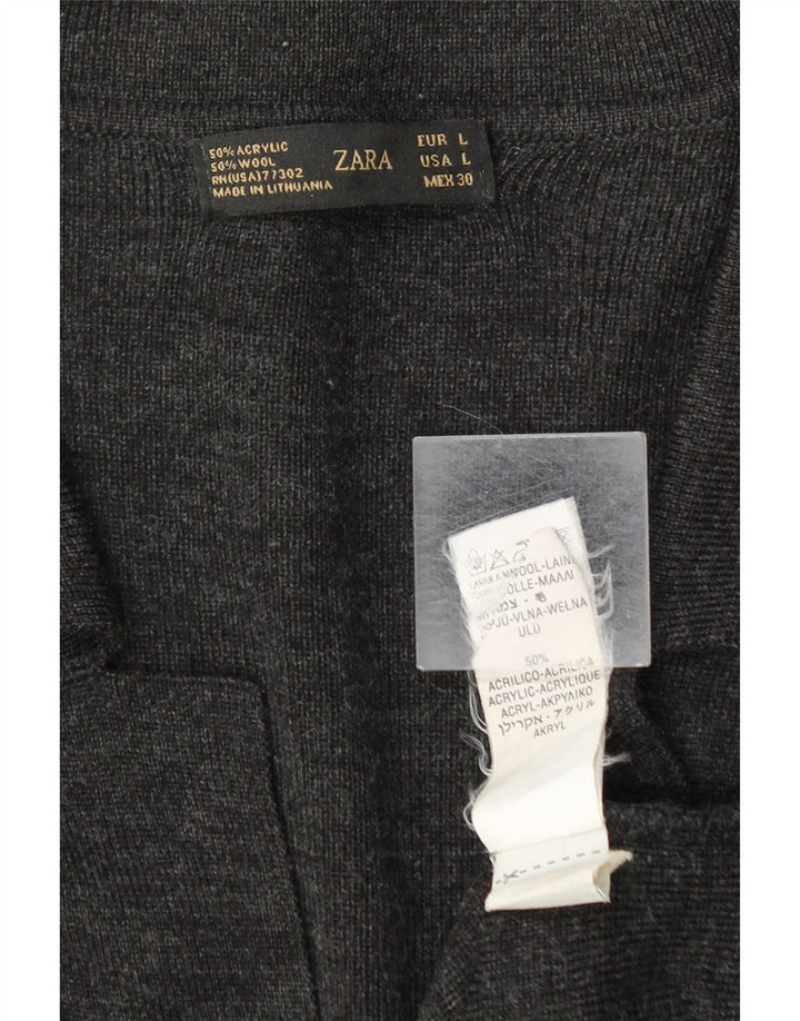 Zara Womens Longline Open Cardigan Sweater UK 16 Large Grey Flecked Wool
