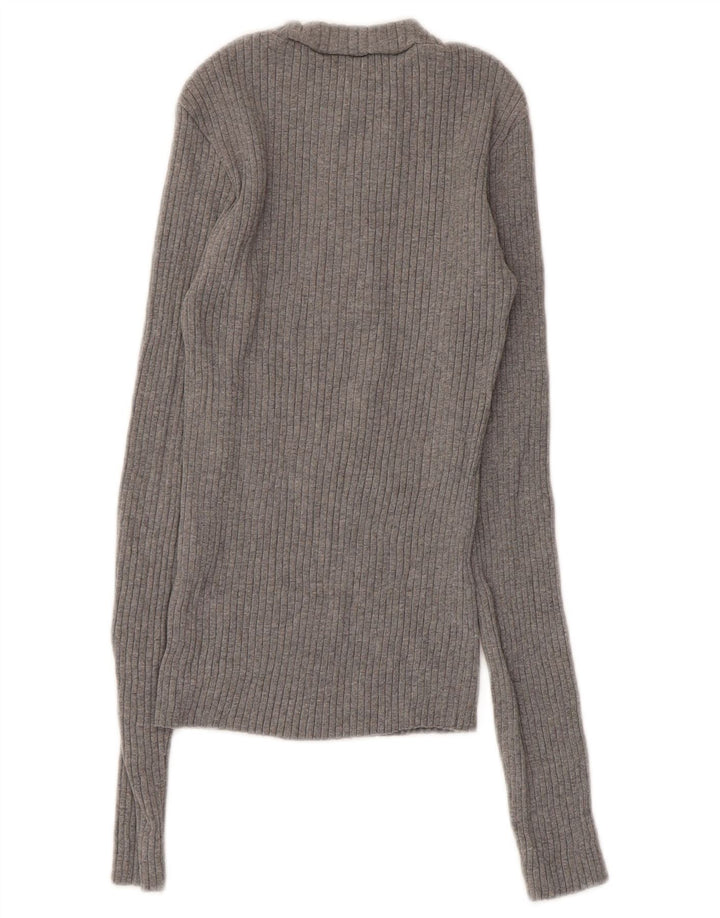 Zara Dame Button Neck Jumper Sweater UK 8 Small Grey Bomuld