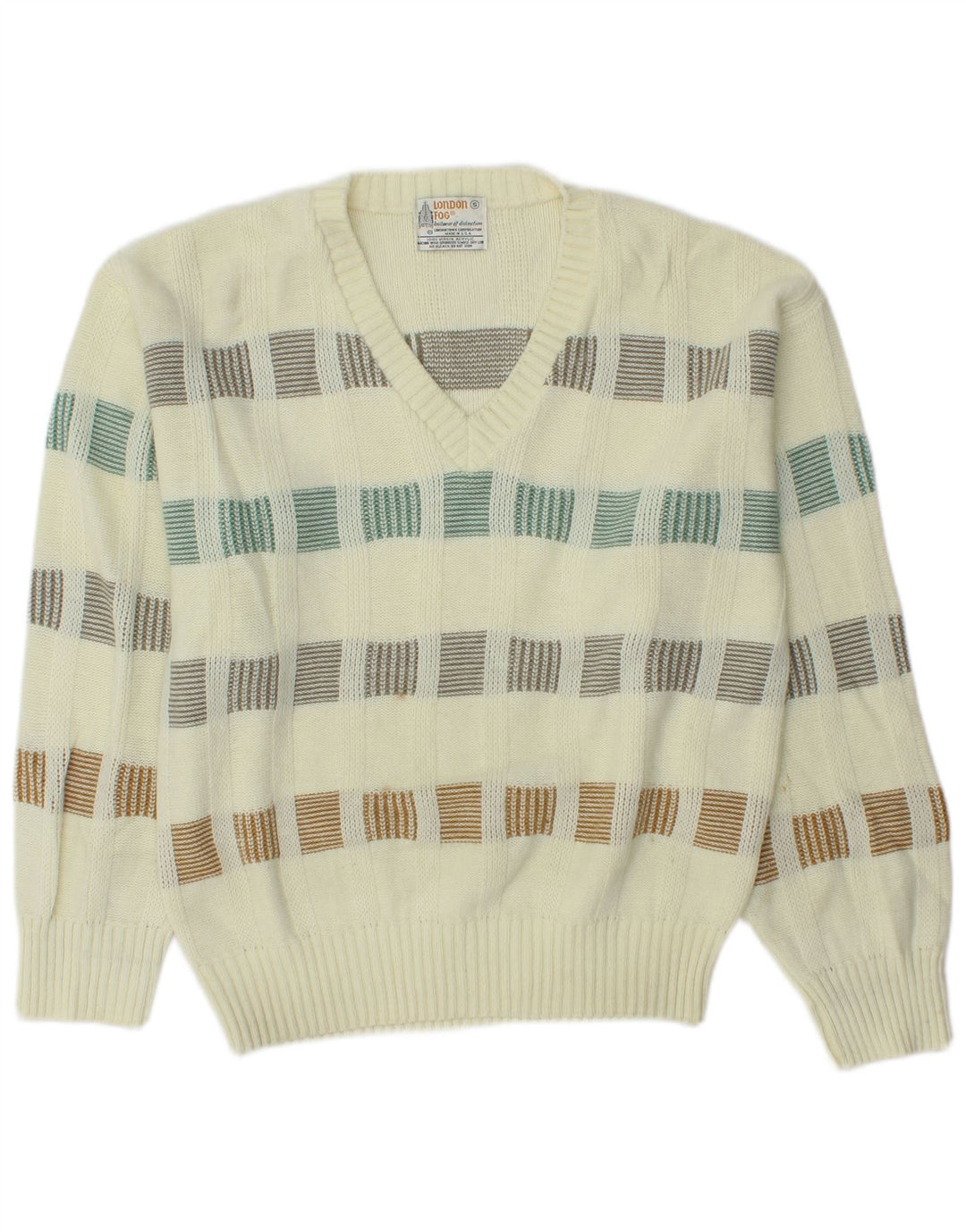 LONDON FOG Herre V-hals sweater Small Off White Stribet akryl