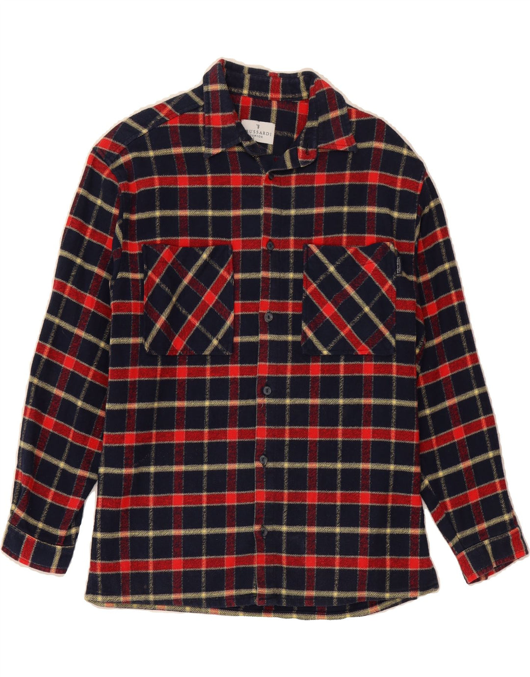 TRUSSARDI Boys Flannel Shirt 15-16 Years Navy Blue Check Cotton Vintage Trussardi and Second-Hand Trussardi from Messina Hembry 